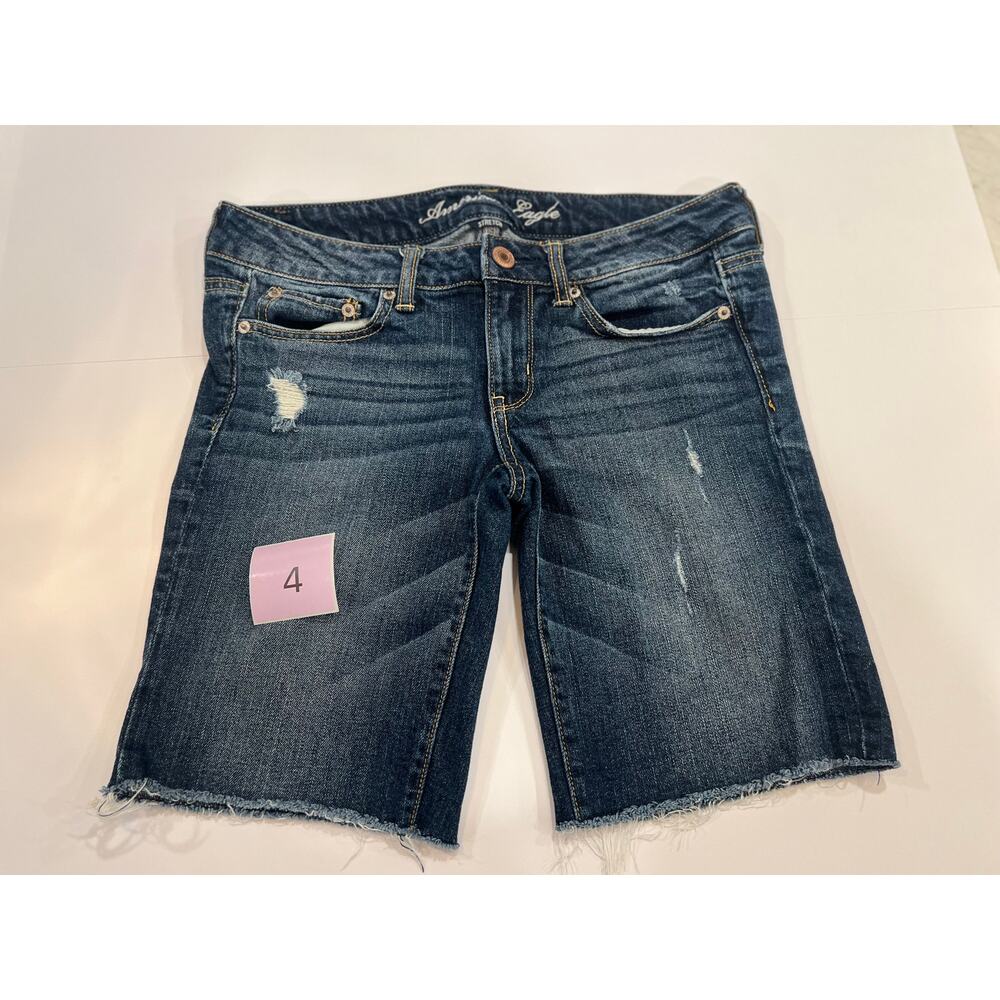 American Eagle Stretch Denim Bermuda Shorts Size 6 Raw Hem Exposed Button Fly